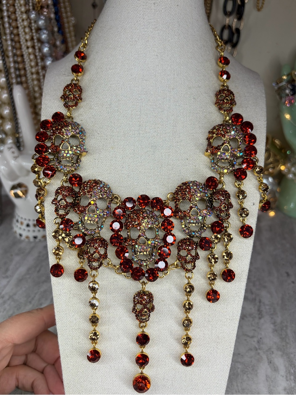 Skull Rhinestone Necklace Natasha Couture Smokey Topaz Jewel Statement Halloween
